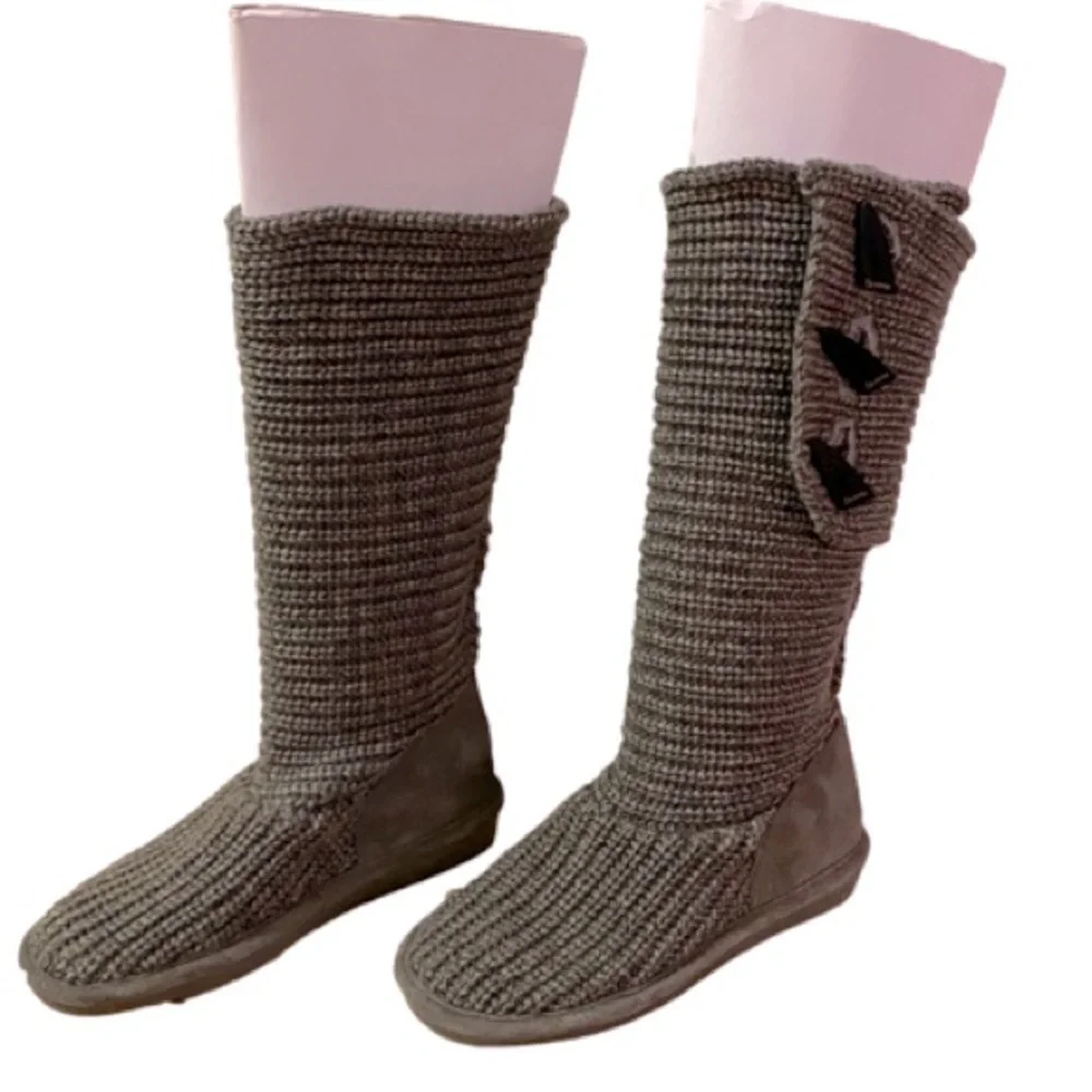 BearPaw Knit Tall Gray Boots Fold Over Pull On Cozy Size 6